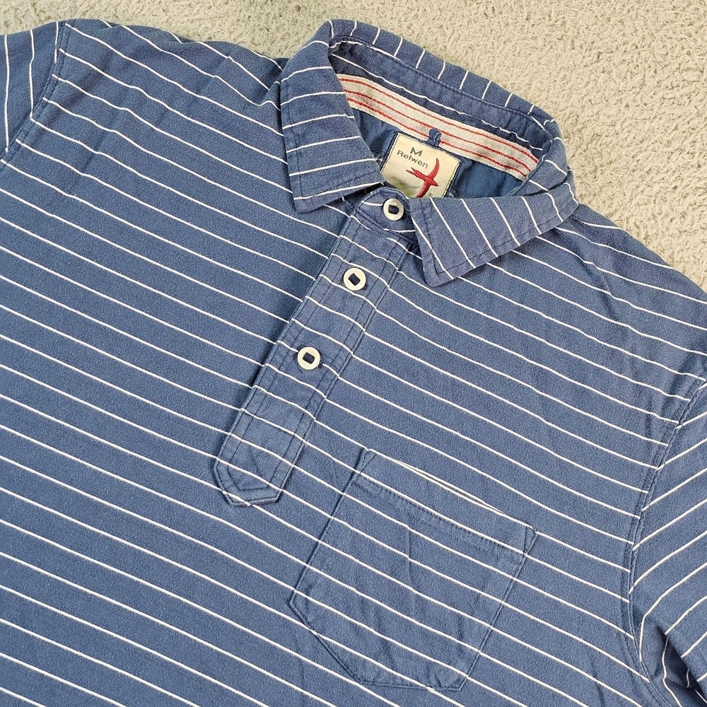 Relwen Polo Shirt Mens Medium Blue White Striped Cotton Pocket Casual Logo